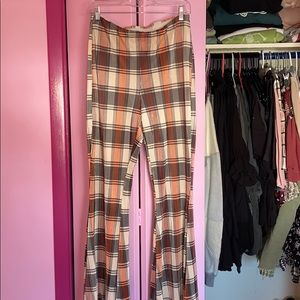 Pleated Plaid Flare Pants